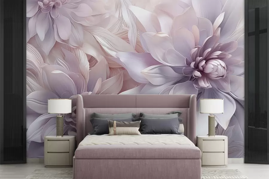 wall murals Меко, слојевито цвеће у нијансама бледо розе, лаванде и беле са деликатним латицама и сложеним детаљима w08783