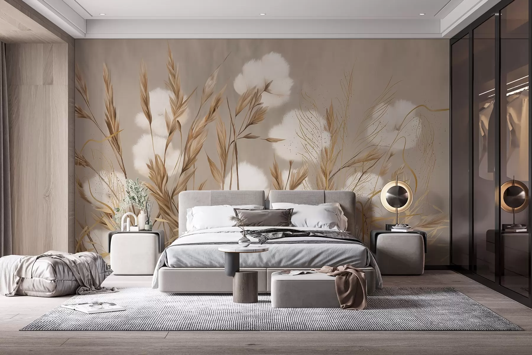wall murals Меко, паперјасто памучно бело цвеће и висока трава наранџастог класја на пригушеној текстурираној беж позадини w08784