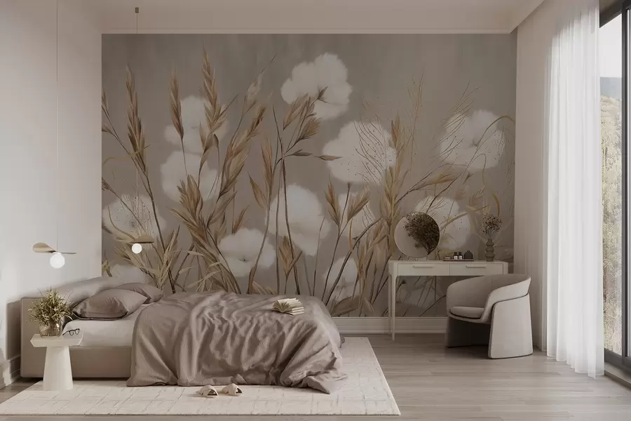 wall murals Меко, паперјасто памучно бело цвеће и висока трава наранџастог класја на пригушеној текстурираној беж позадини w08784