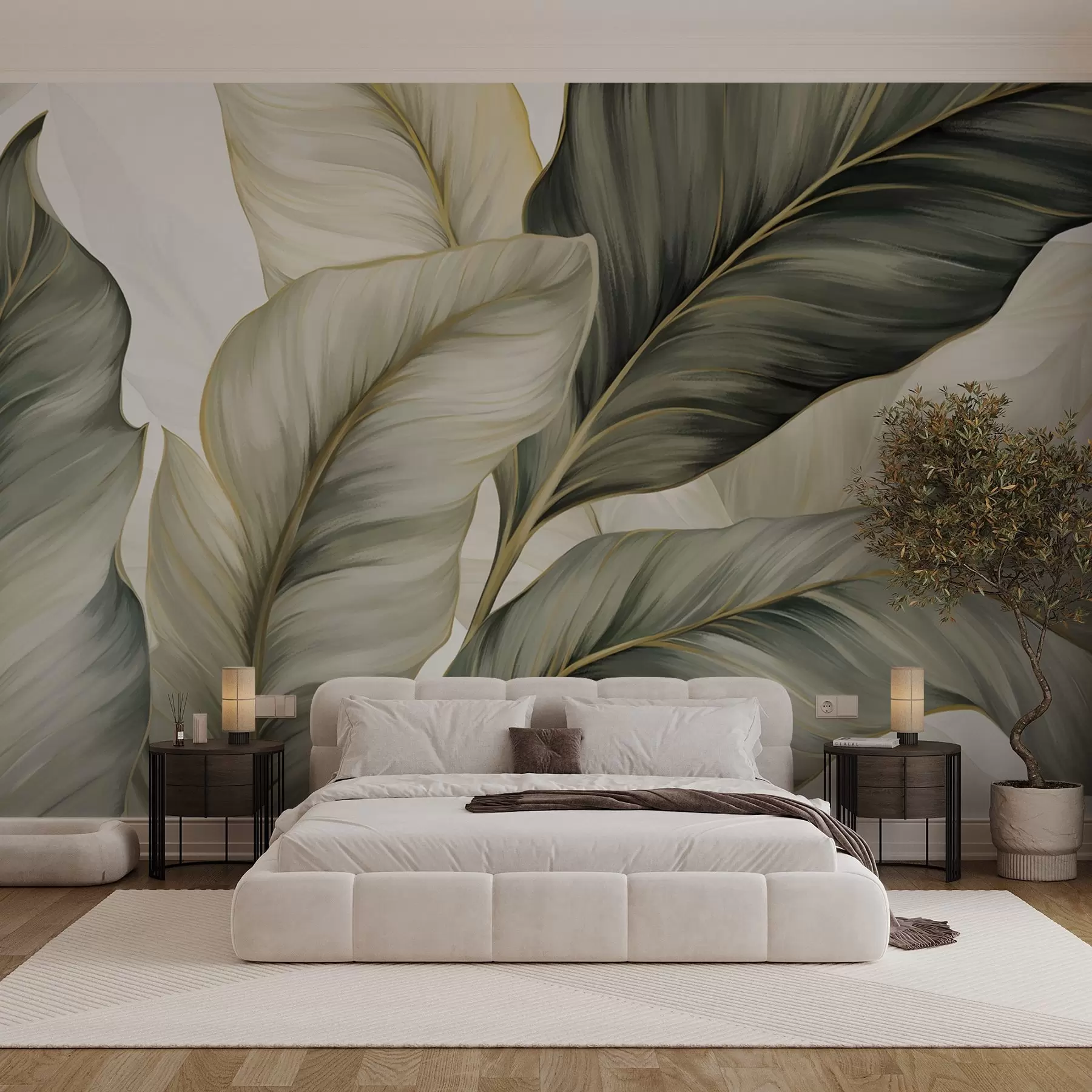 wall murals Велики, стилизовани текстурирани листови са детаљним венама у разним нијансама зелене, крем и беж w08785