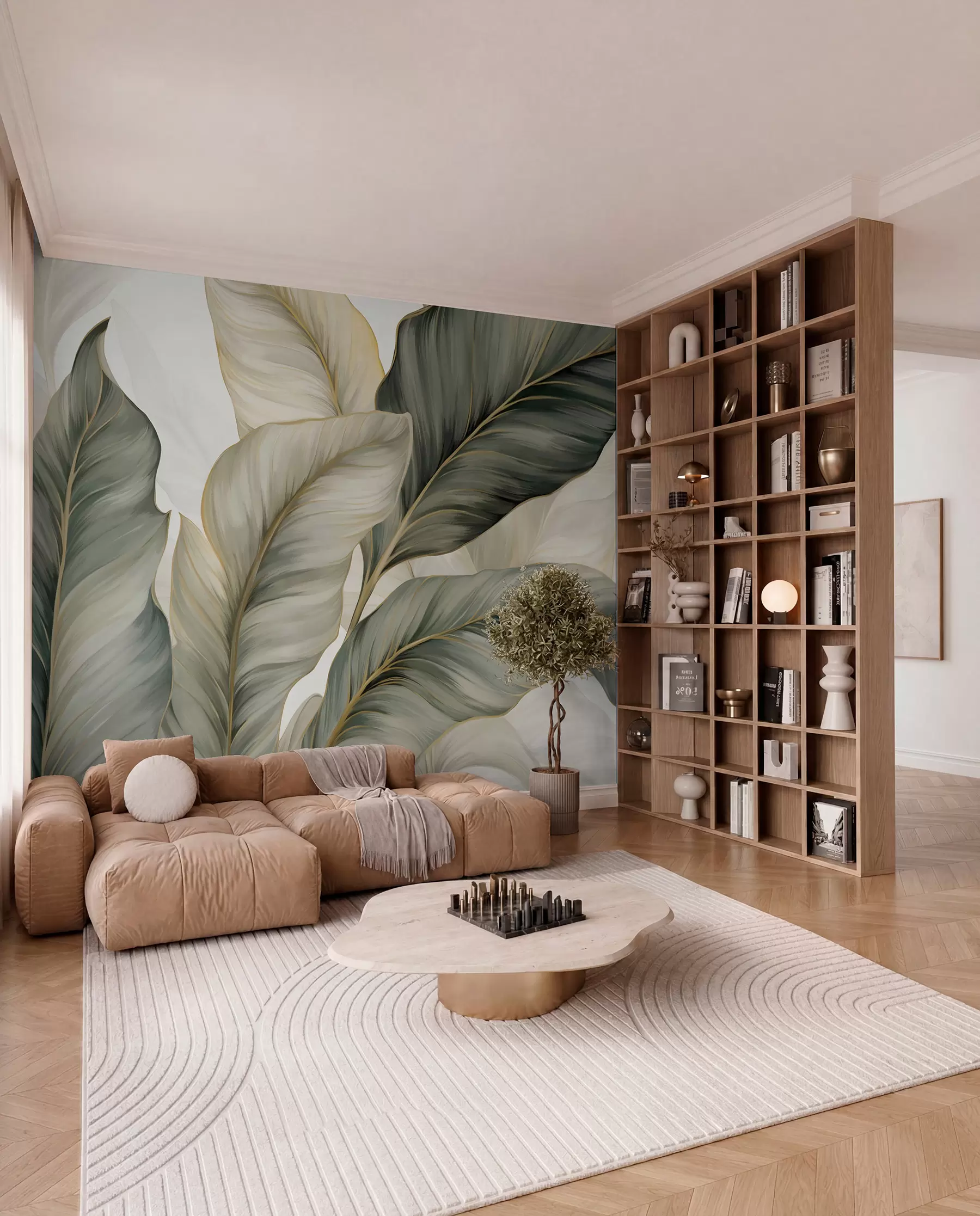 wall murals Велики, стилизовани текстурирани листови са детаљним венама у разним нијансама зелене, крем и беж w08785