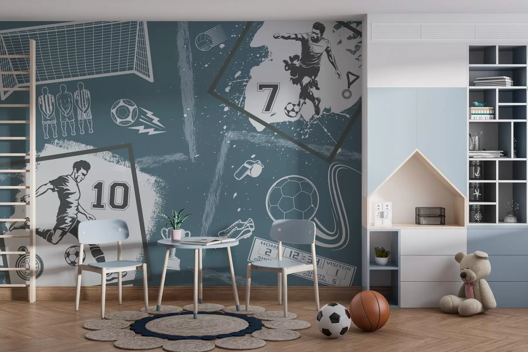 wall murals Фудбалери, лопта и остали фудбалски атрибути у плавим тоновима w03122