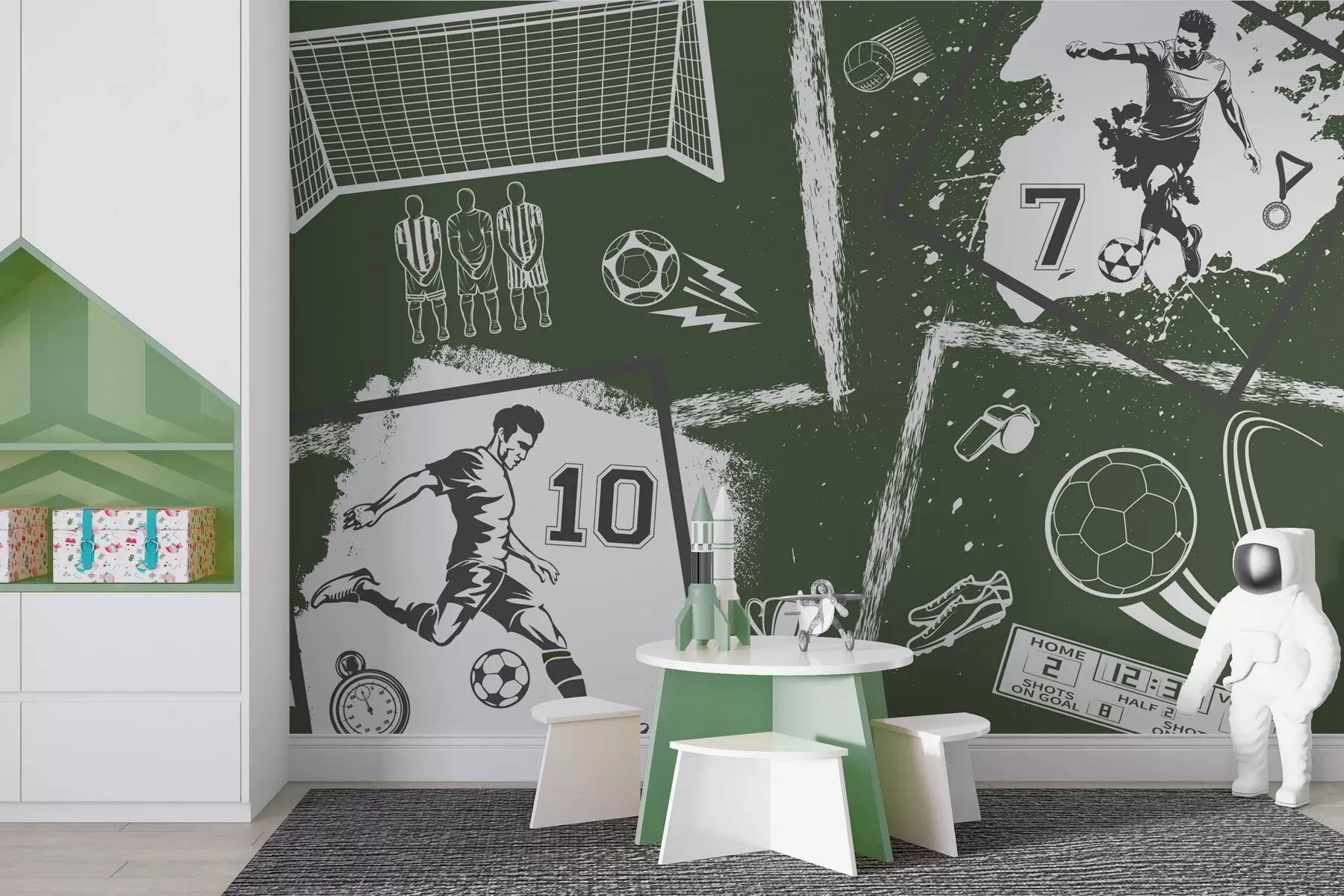 wall murals Фудбалери, лопта и остали фудбалски атрибути у зеленим тоновима w03122v2