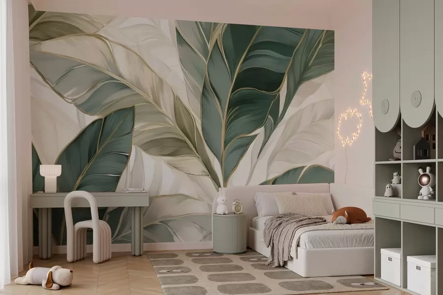 wall murals Зелено тропско лишће на сивој и белој позадини w03124