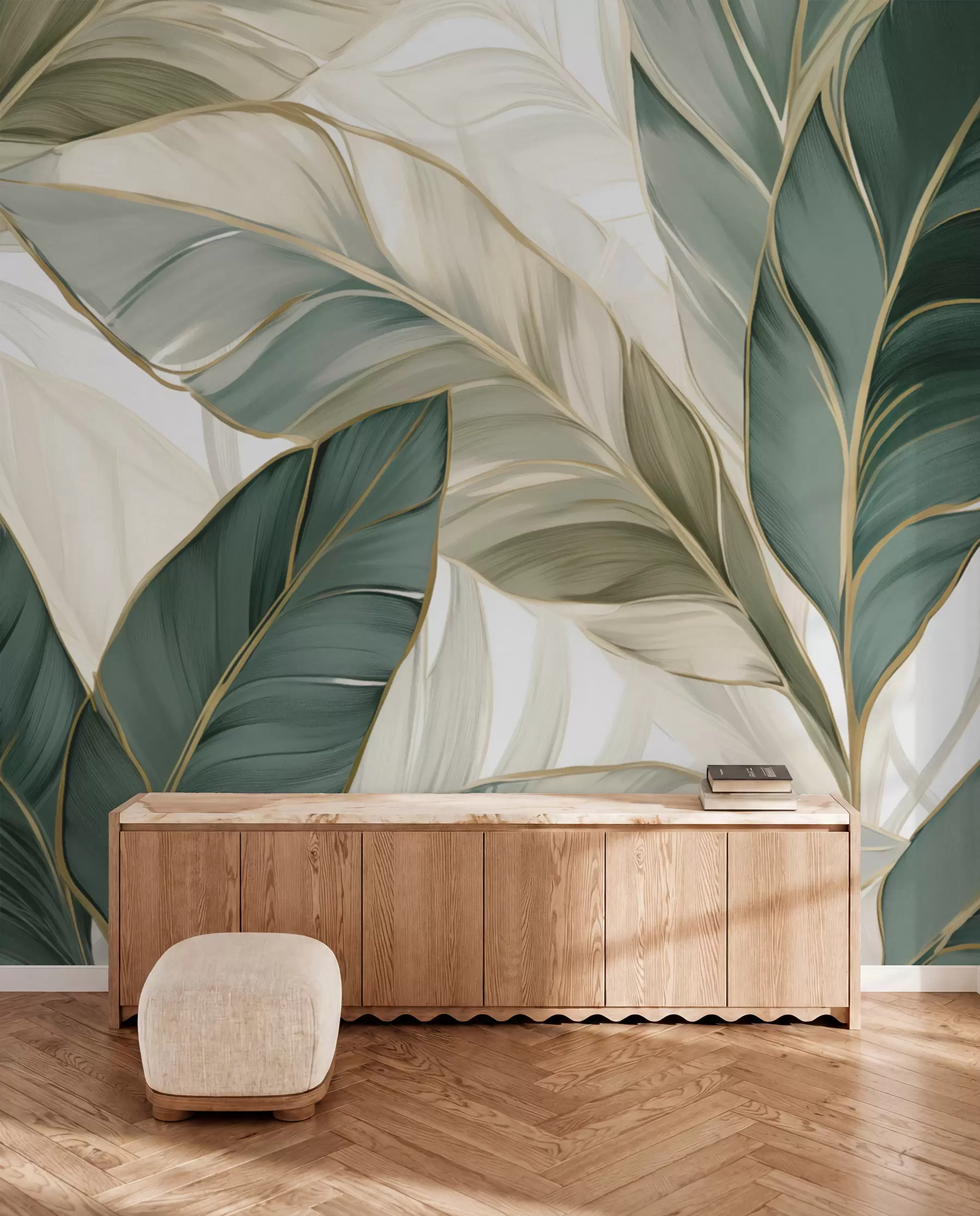 wall murals Зелено тропско лишће на сивој и белој позадини w03124