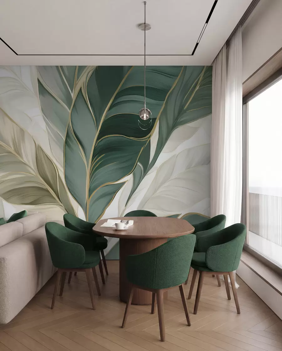 wall murals Зелено тропско лишће на сивој и белој позадини w03124