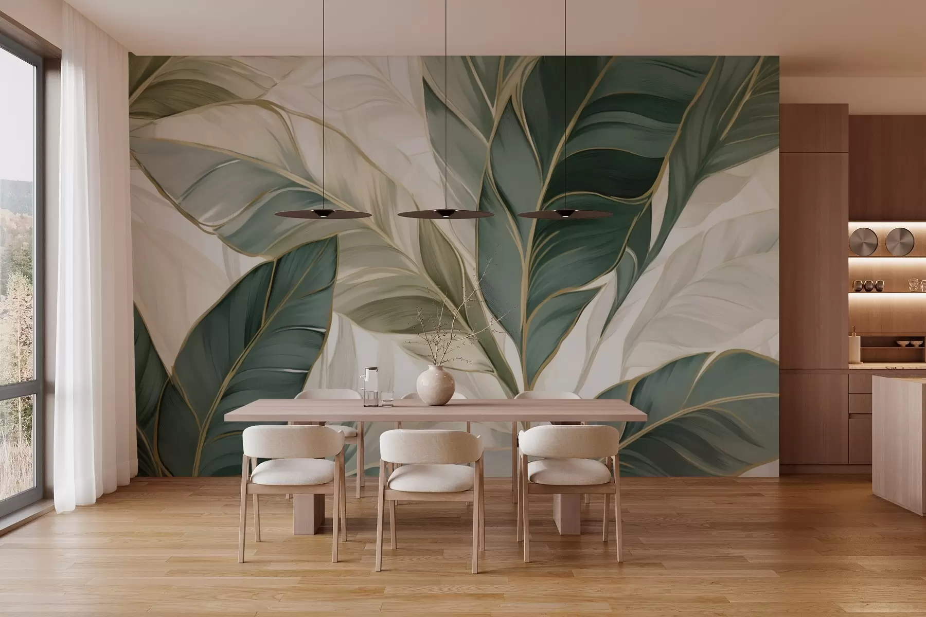 wall murals Зелено тропско лишће на сивој и белој позадини w03124