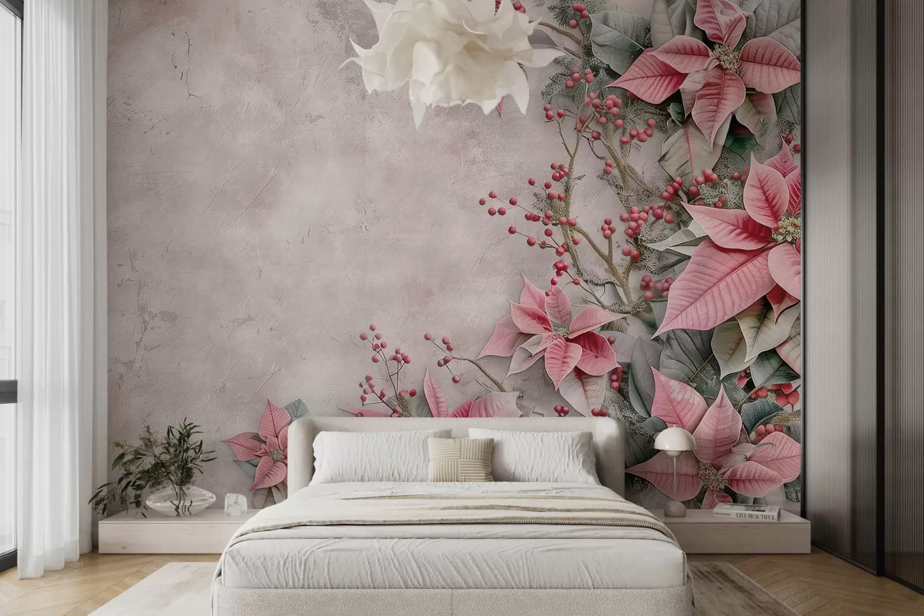 wall murals Цветови божићне звезде на старој бетонској позадини w08798