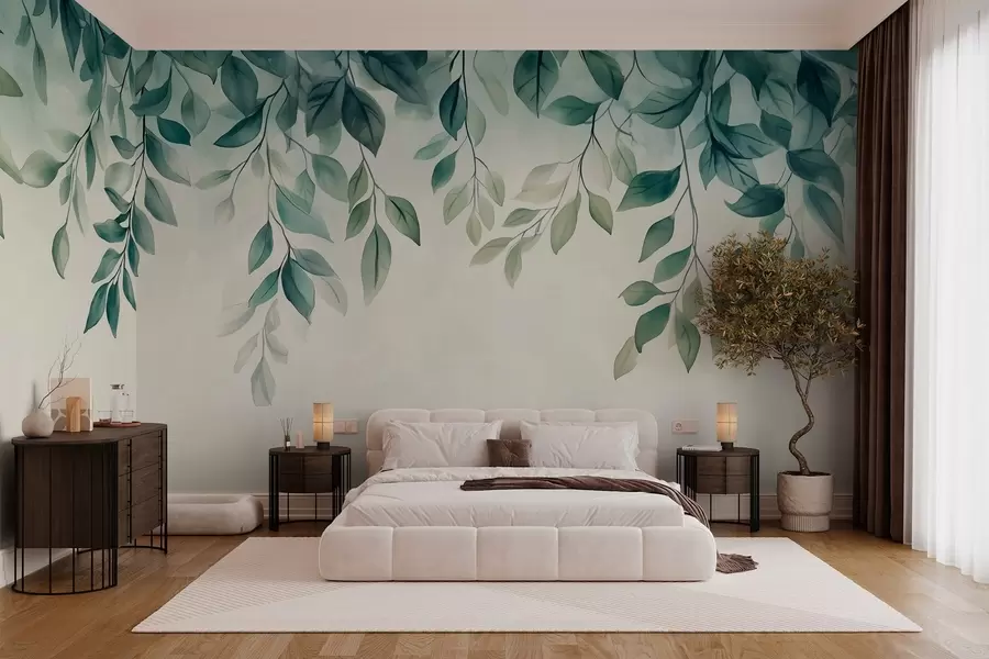 wall murals зелени листови у стилу акварела који виси са врха w03024