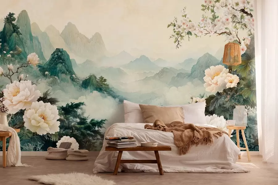 wall murals пејзаж са цвећем и брдима у оријенталном стилу w03111