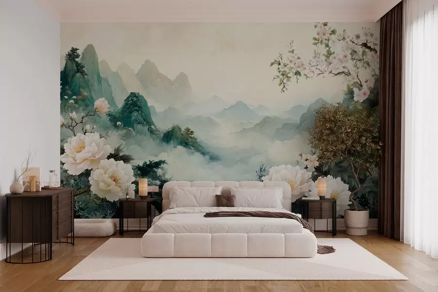 wall murals пејзаж са цвећем и брдима у оријенталном стилу w03111