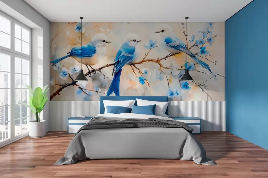 wall murals пролећне птице певачице на грани дрвета у стилу акварела w03112