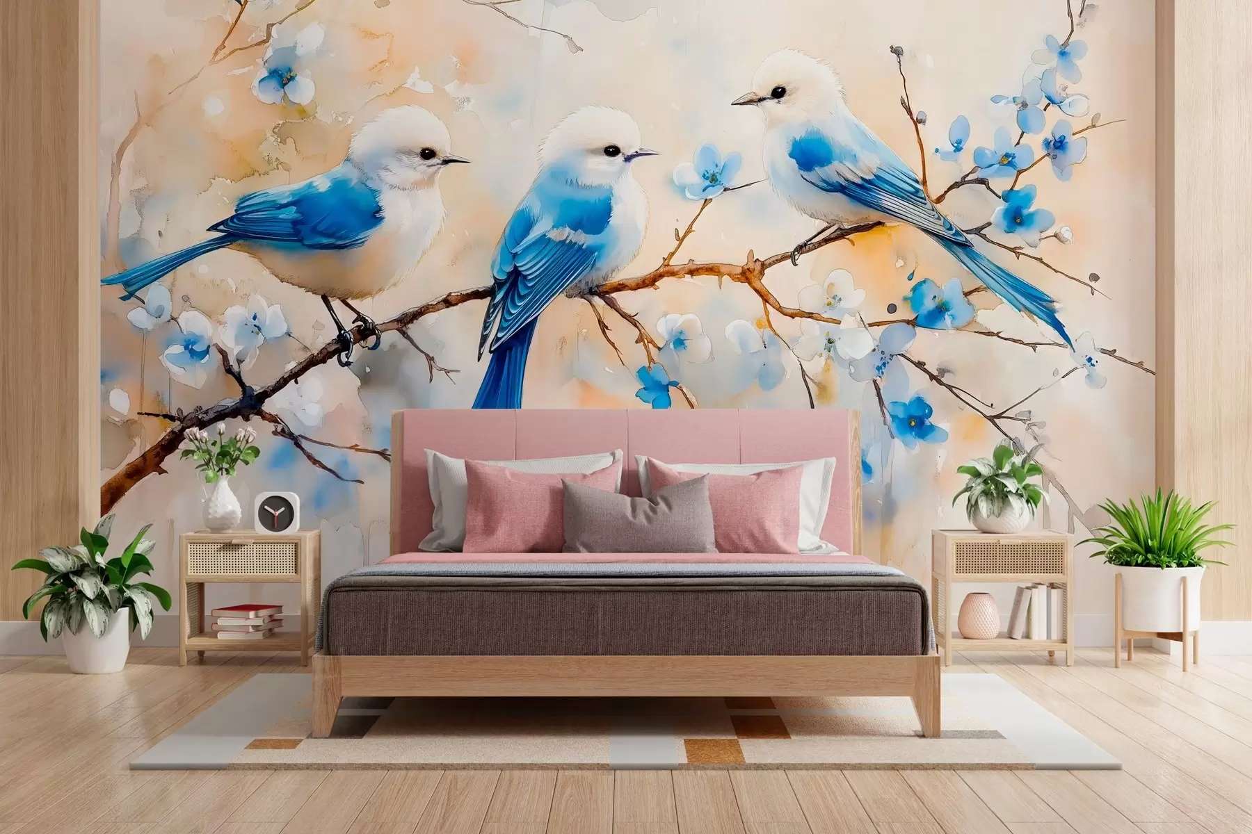wall murals пролећне птице певачице на грани дрвета у стилу акварела w03112