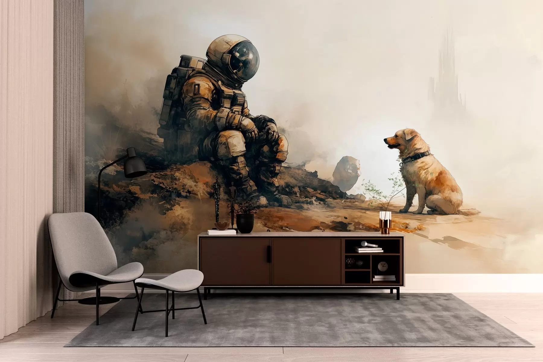 wall murals постапокалиптични пејзаж са астронаутом и псом w03115