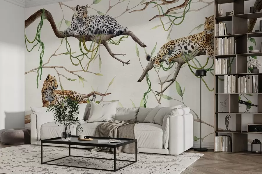 wall murals Леопарди на дрвећу џунгле, лијане, тропске, дивље животиње, природна палета боја w03146