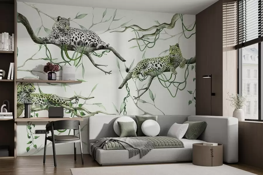 wall murals Леопарди на дрвећу џунгле, лијане, тропске, дивље животиње, зелена палета боја w03146v1