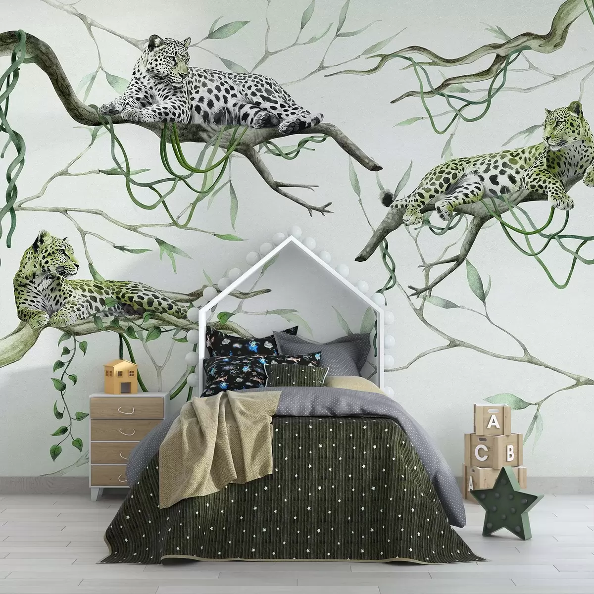 wall murals Леопарди на дрвећу џунгле, лијане, тропске, дивље животиње, зелена палета боја w03146v1