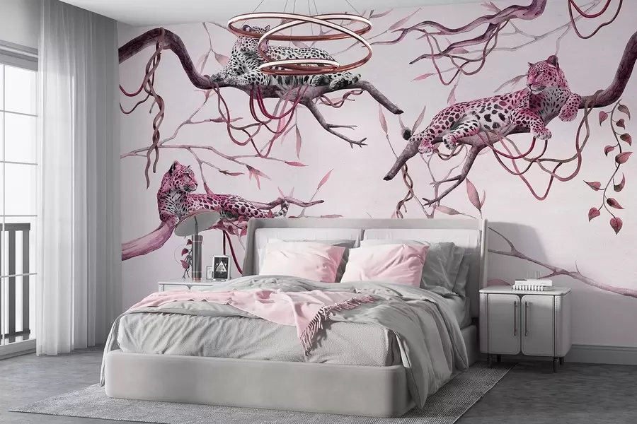 wall murals Леопарди на дрвећу џунгле, лијане, тропске, дивље животиње, палета ружичастих боја w03146v2