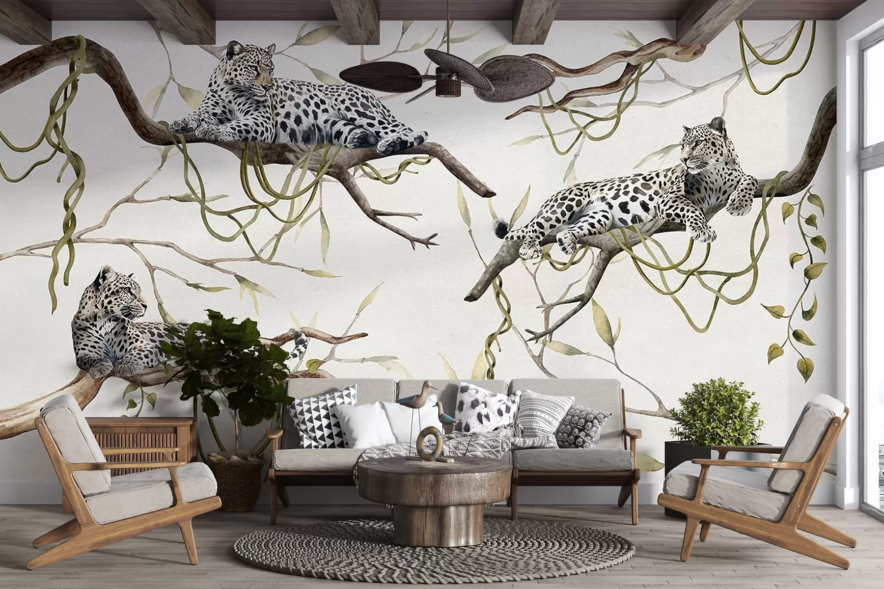 wall murals Леопарди на дрвећу џунгле, лијане, тропске, дивље животиње, пастелна палета боја w03146v4