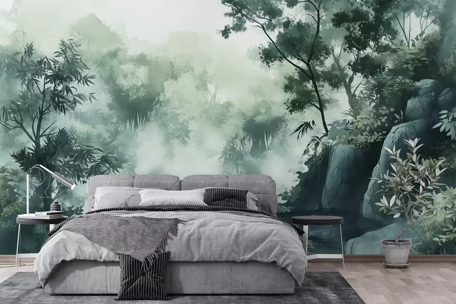 wall murals Оријентални пејзаж, џунгла, дрвеће, акварел стил, зелене боје w03149