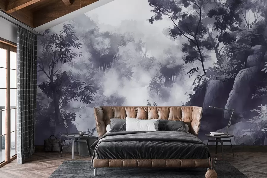 wall murals Оријентални пејзаж, џунгла, дрвеће, акварел стил, сиве боје w03149v1