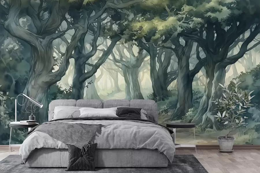wall murals Шума са великим дрвећем, палета зелене боје, цртеж у акварелу w03150
