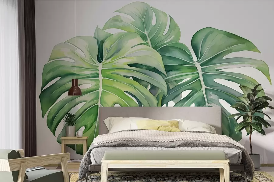 wall murals Велико лишће чудовишта, тропске биљке, цртеж у акварелу, зелене боје w03151