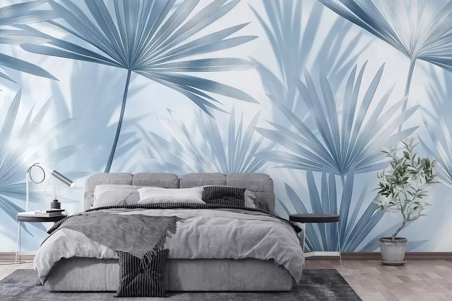 wall murals Палмино лишће, цветни узорак, минимализам, тропске, плаве боје w03152