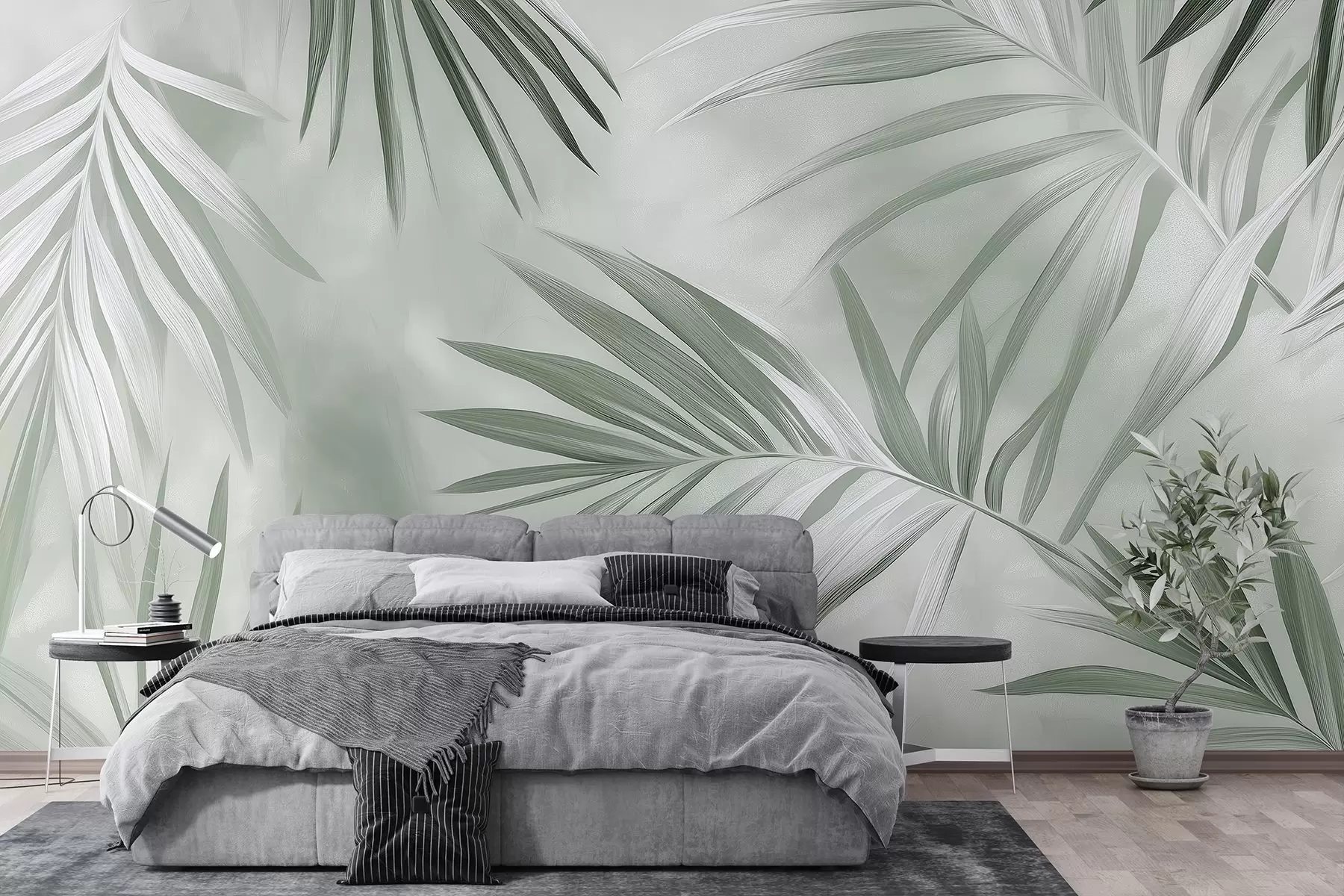 wall murals Zelene palme na bijelom w03153v2