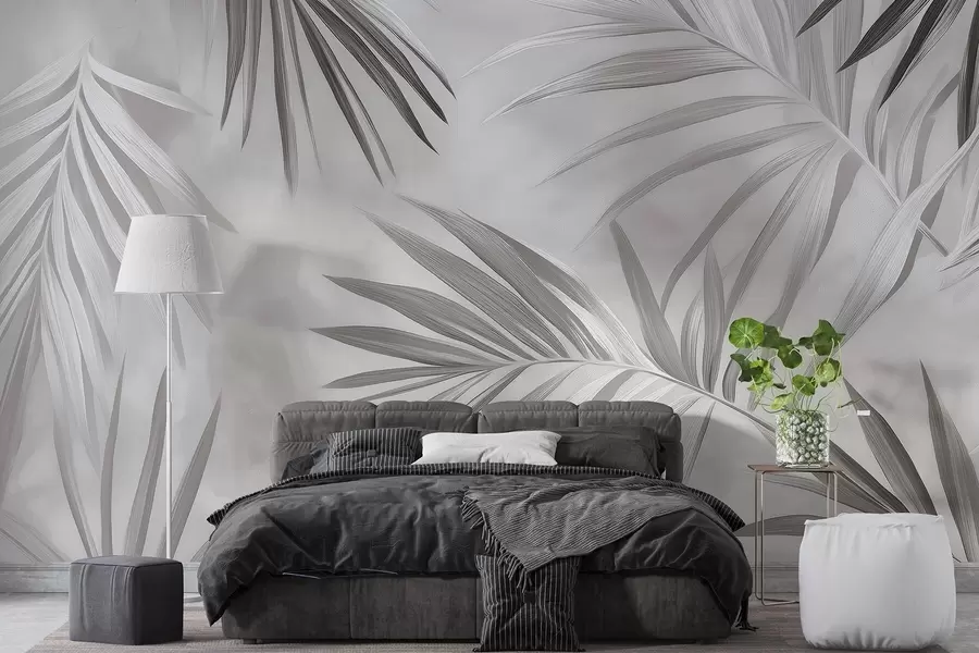 wall murals Тропско лишће апстракција, палма, палета сиве боје  w03153v4