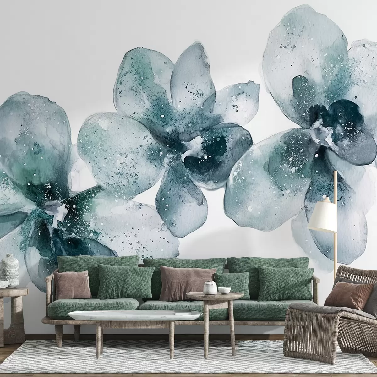 wall murals Цвеће орхидеја у акварелу, боје аквамарина w03163v1