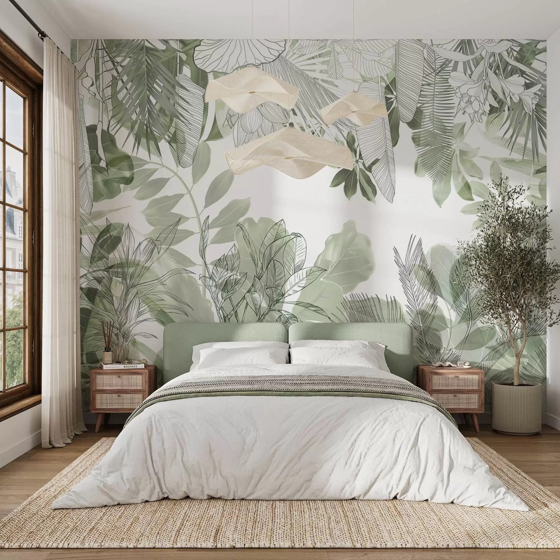 wall murals Зелена џунгла штампа тропске биљке и лишће на белој позадини w08823