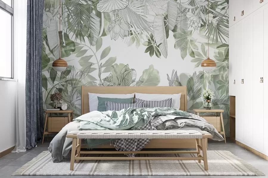 wall murals Зелена џунгла штампа тропске биљке и лишће на белој позадини w08823