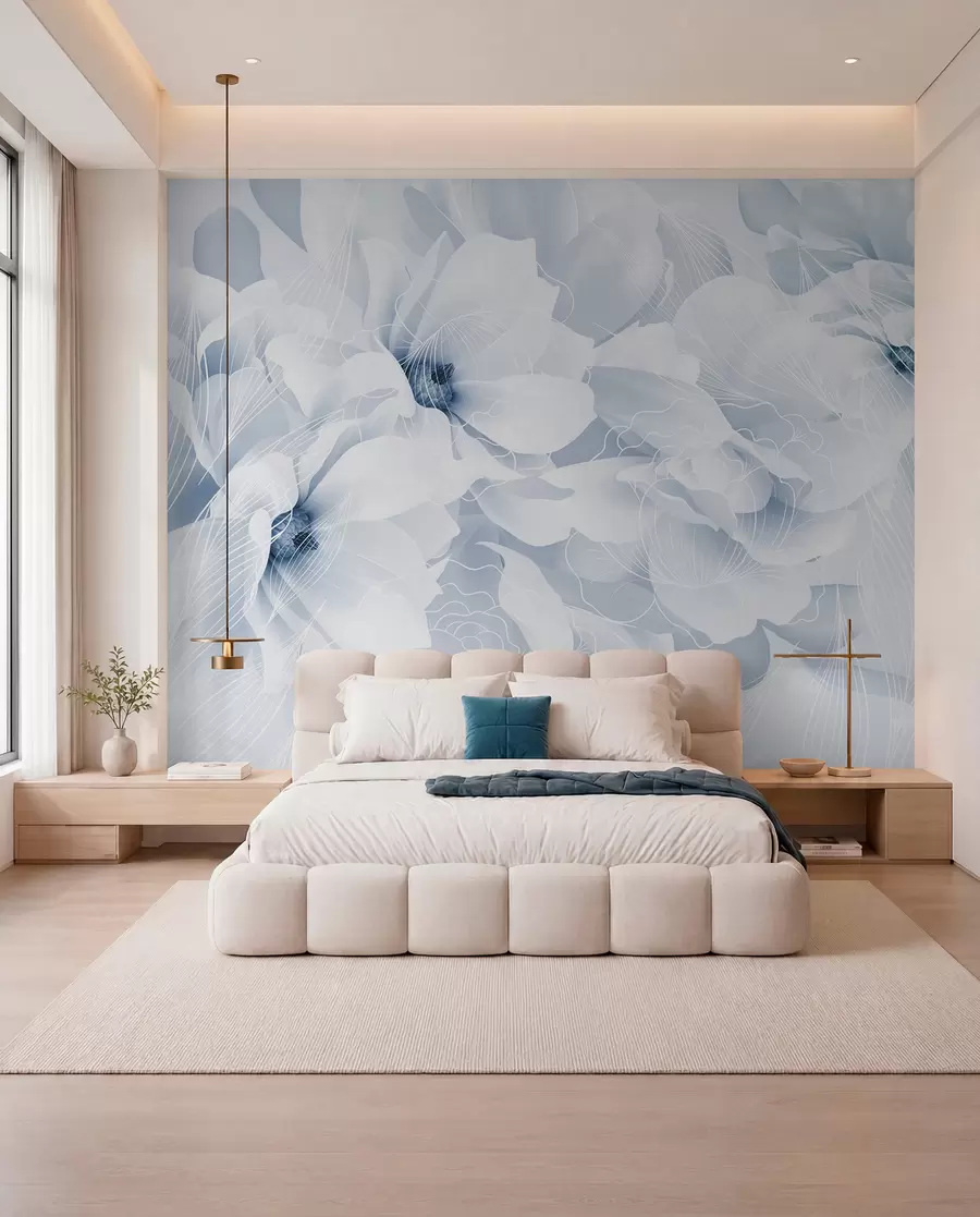 wall murals Цветови пастелног божура са белим и плавим деликатним латицама и белим линијама на светло плавој позадини w08826