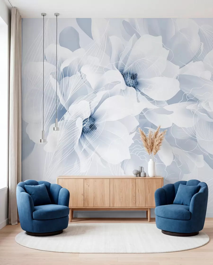 wall murals Цветови пастелног божура са белим и плавим деликатним латицама и белим линијама на светло плавој позадини w08826