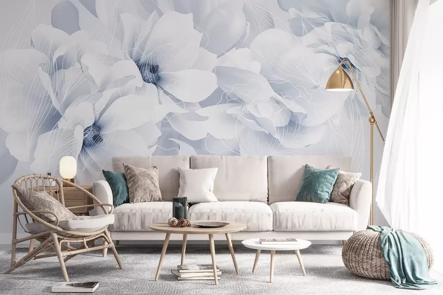wall murals Цветови пастелног божура са белим и плавим деликатним латицама и белим линијама на светло плавој позадини w08826