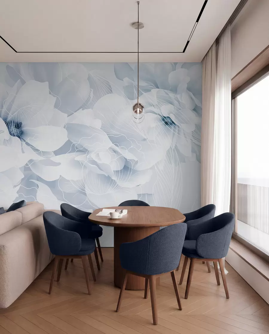 wall murals Цветови пастелног божура са белим и плавим деликатним латицама и белим линијама на светло плавој позадини w08826