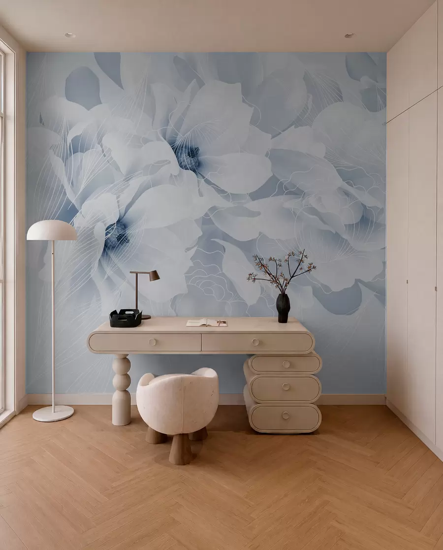 wall murals Цветови пастелног божура са белим и плавим деликатним латицама и белим линијама на светло плавој позадини w08826