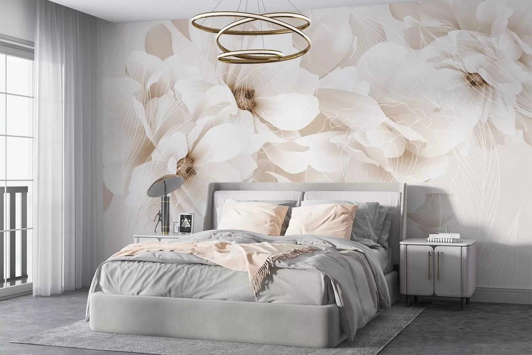wall murals Пастелни цветови божура са белим и беж деликатним латицама и белим линијама на светло беж позадини w08826v1