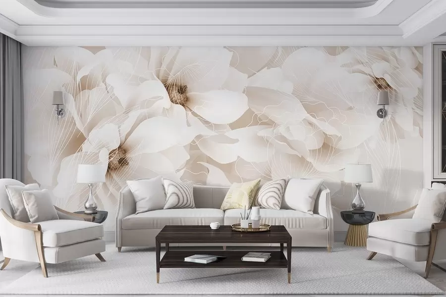 wall murals Пастелни цветови божура са белим и беж деликатним латицама и белим линијама на светло беж позадини w08826v1