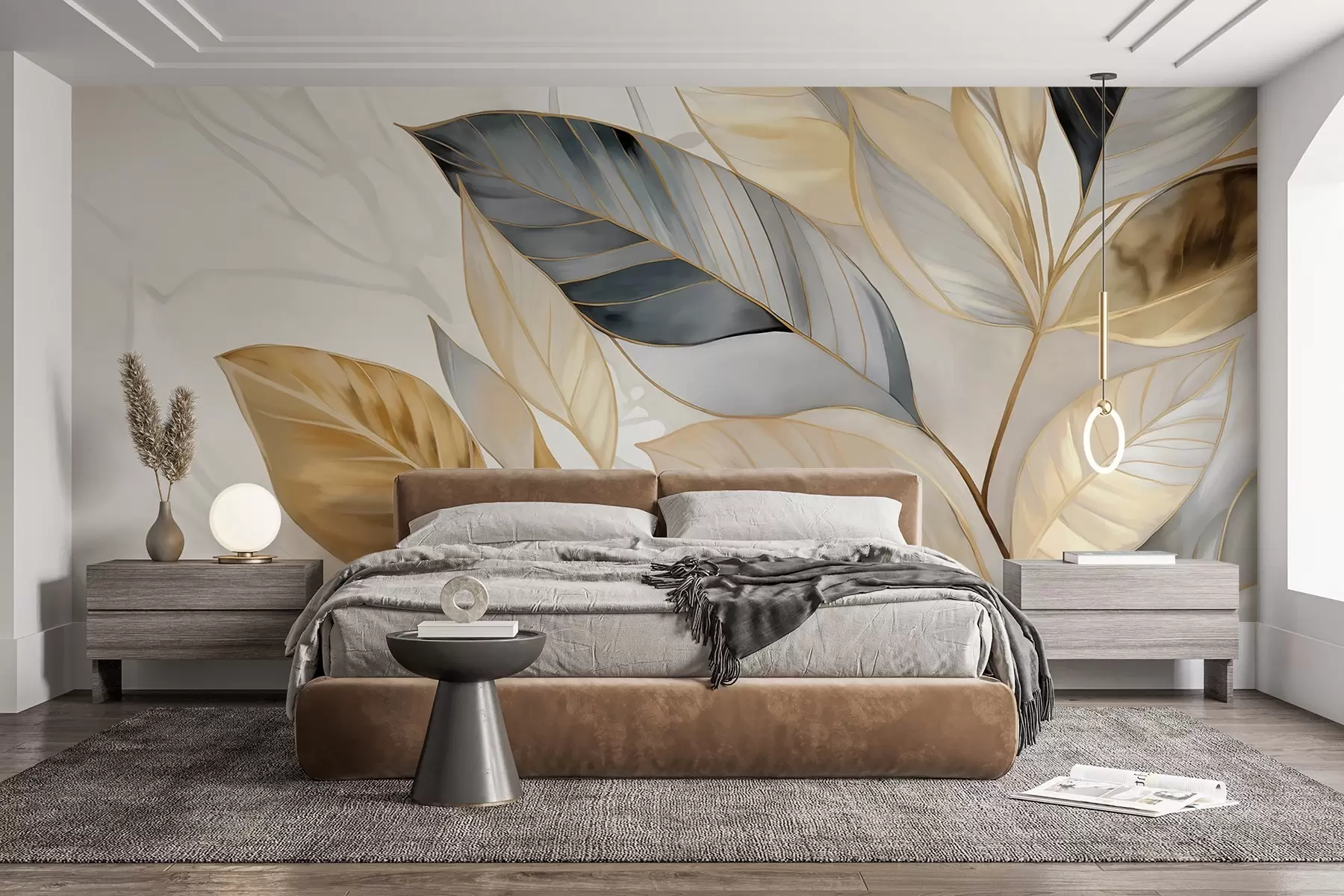 wall murals Жути, сиви и бели деликатни велики листови на белој апстрактној текстурираној позадини w08828