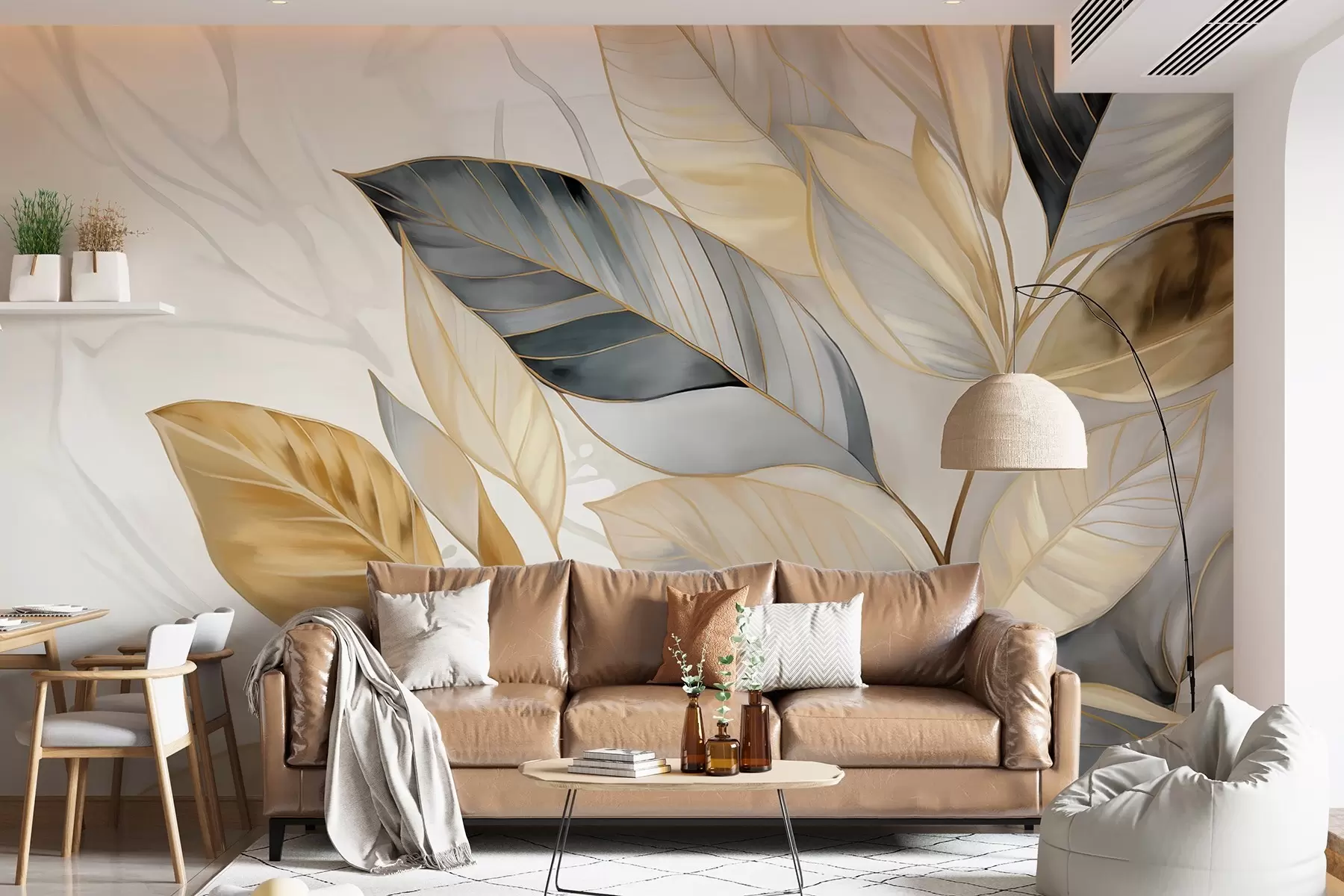 wall murals Жути, сиви и бели деликатни велики листови на белој апстрактној текстурираној позадини w08828