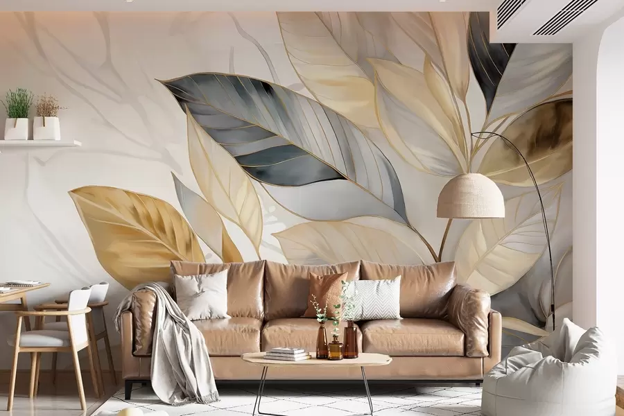 wall murals Жути, сиви и бели деликатни велики листови на белој апстрактној текстурираној позадини w08828