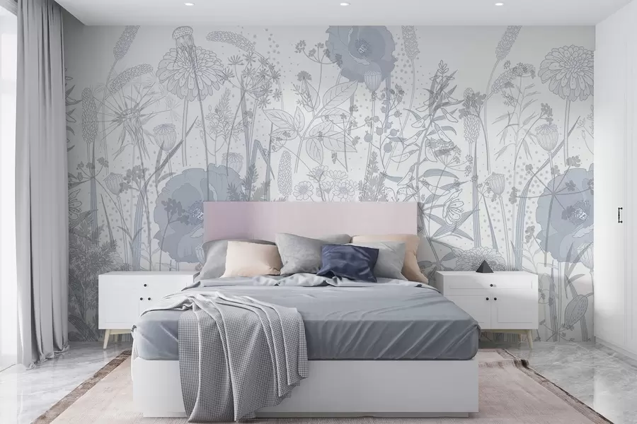 wall murals Поље високог цвећа и траве у светло плавим пастелним тоновима на белој позадини w08829