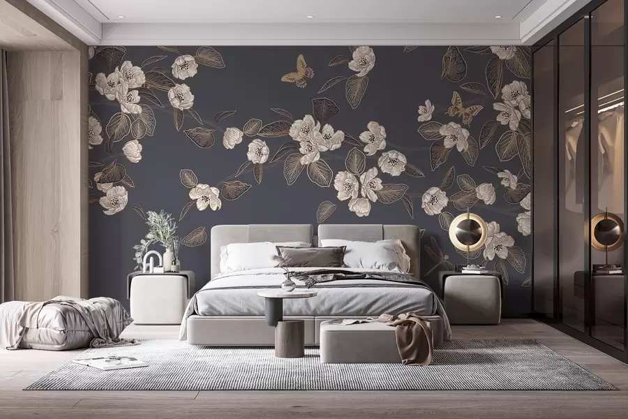 wall murals Грана цвета трешње са цвећем, лишћем, лептирима на тамно сивој позадини w08830