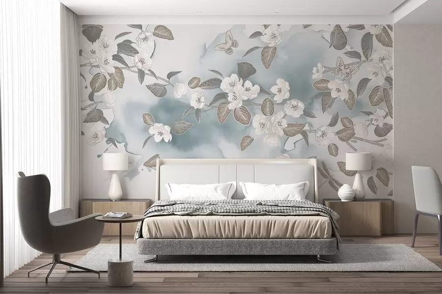 wall murals Грана цвета трешње са цвећем, лишћем, лептирима на светло плавој акварел текстурираној позадини w08831v1