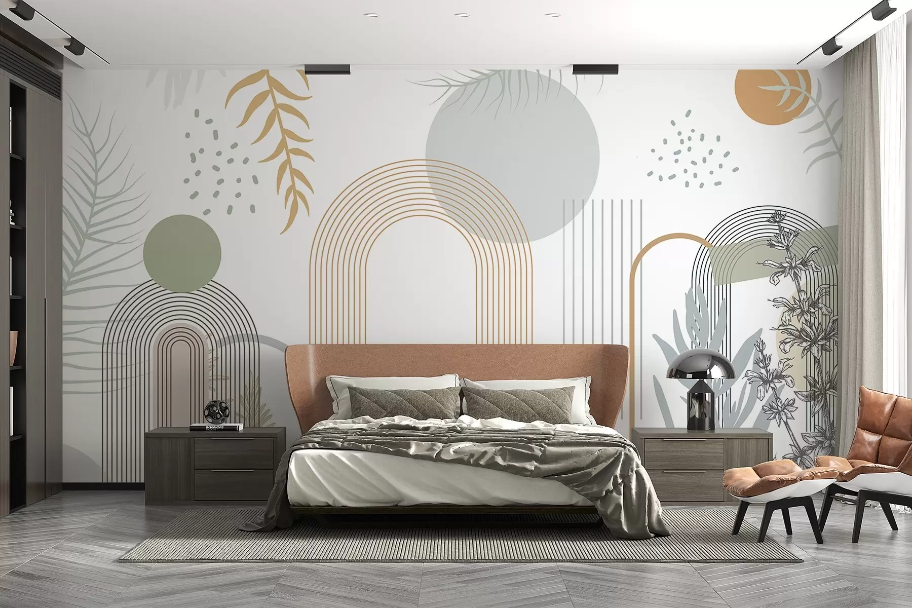 wall murals Апстрактна штампа са геометријским облицима, луковима и тропским листовима на белој позадини w08835