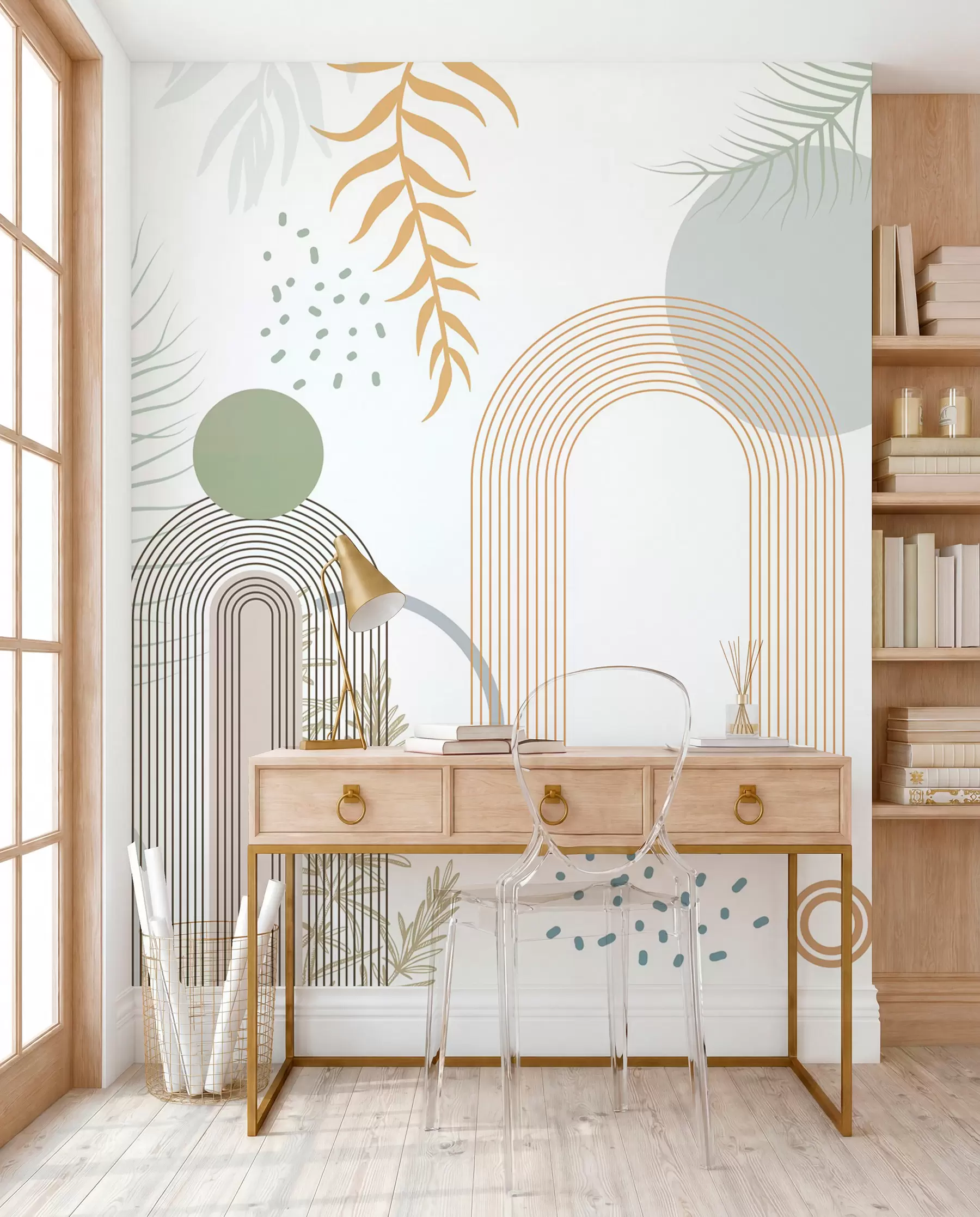 wall murals Апстрактна штампа са геометријским облицима, луковима и тропским листовима на белој позадини w08835
