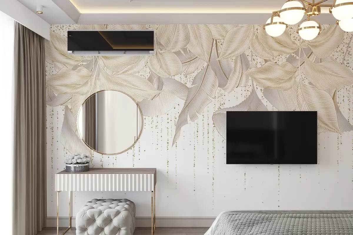 wall murals Бели детаљни тропски листови и текстура жутих тачака на белој позадини w08836