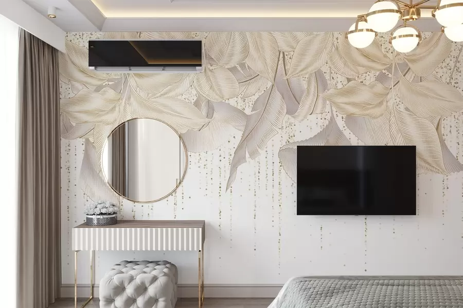 wall murals Бели детаљни тропски листови и текстура жутих тачака на белој позадини w08836